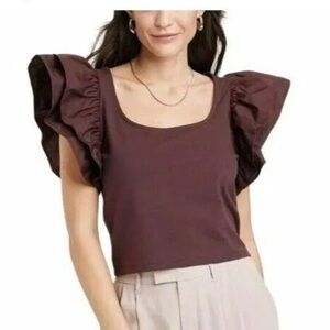 Women's Brown Crop Top with Double Flutter Sleeves